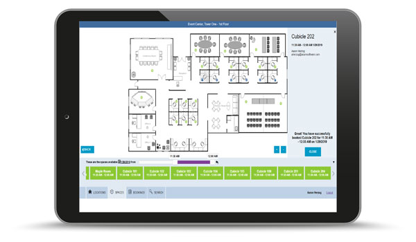 A tablet showing a floorplan from the FMS:Employee tool.