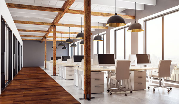 Modern office with wood accents and a wall full of windows