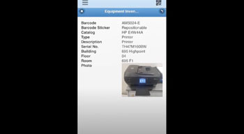 Still shot from the Barcoding App demo video showing inventory asset details for a printer.
