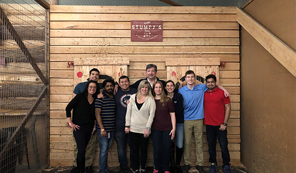 Team at axe throwing location