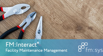 Header of the FM:Interact Facility Maintenance Management datasheet showing some hand tools on a wood table.