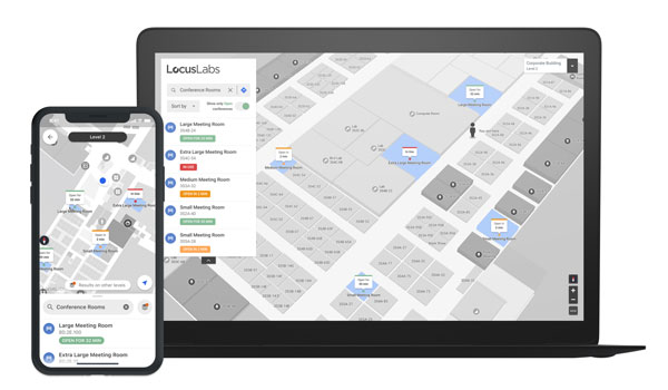 Laptop and smartphone mockups of the Locus Labs maps solution.