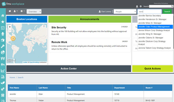 Screenshot of the FMS:Workplace dashboard home page with an example of role-based search functionality.