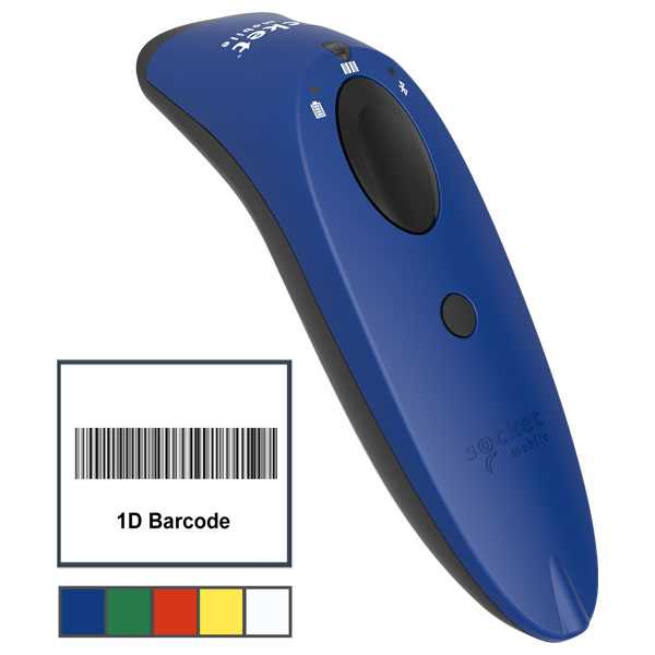 Blue socket scanner device with an example barcode and swatch in the bottom left.